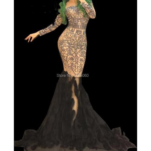 Sexy Drag Queen Costumes Sexy Black Feather Rhinestone Event Party Prom Long Dresses Celebrity Runway Stage For Singers