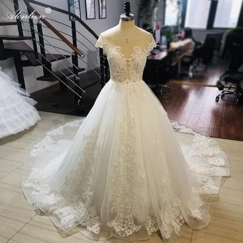 Alonlivn Princess A-Line Wedding Dress With Chapel Train With Gird Lace Of Short Sleeve Wedding Gown