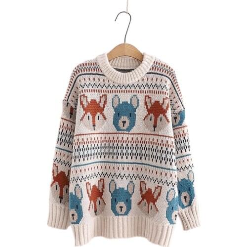Mori Girl Style Womens New Cute Bear Head Embroidery Knitted Sweater Jacquard Loose O-Neck Harajuku Sweaters 2012039
