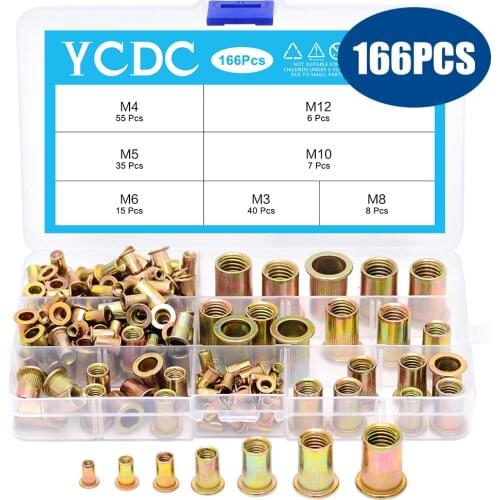 YCDC 166Pcs High quality Kit Rivet Nut Kit Zinc Steel Set Insert Knurling For Electrical Knurled Insert Nutsert Threaded M3-M12