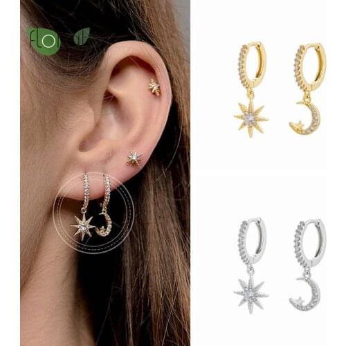 925 Sterling Silver Moon and Star Hoop Earrings CZ Crystal Charms Earrings For Women Girls Lady Fashion Korean Jewelry