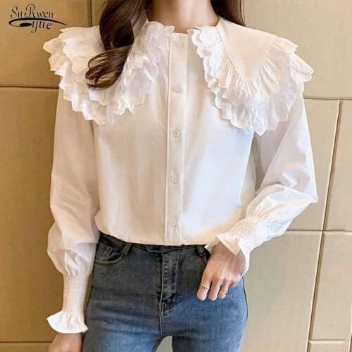 Sweet Peter Pan Collar Shirt Womens Long Sleeve Top Autumn White Ruffle Blouse Women Lace Stitching Loose Shirt Clothes 16362