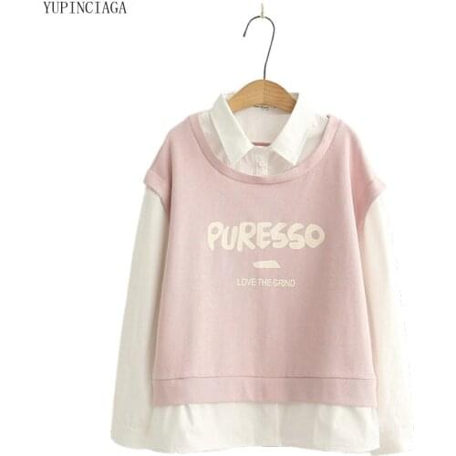 Womens Sweatshirt Turndown Collar 2020 Autumn Japanese Mori Girl Preppy Style Letter Print Fake Two Piece Long Sleeve Tracksuit