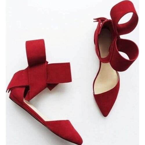 High Quality Bit Bowtie Knot Flat Shoes Red Black Pink Suede Pointed Toe Cut-out Buckle Strap Shoes Women Plus Size 13 Customize