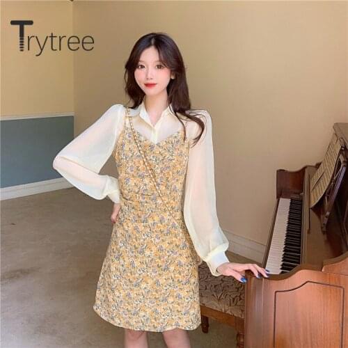 Trytree 2020 Spring Women two piece set Casual Turn-down Collar Tops + Sling Dress A-line Print Mini Fashion Set 2 Piece Set