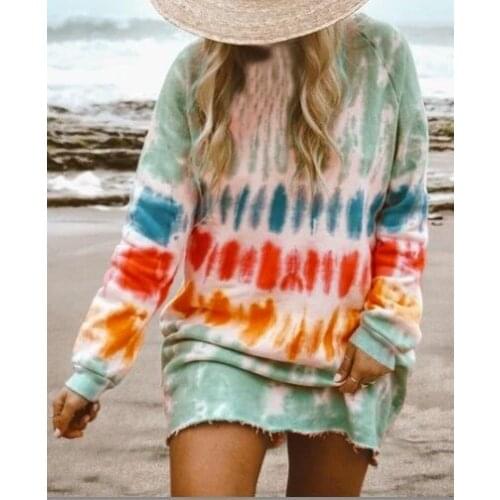 Summer Spring Long Sleeve Tie-dye Home Leisure Dress 2020 Fashion Women Street Holiday Casual wear T-shirt Style Loose Dress