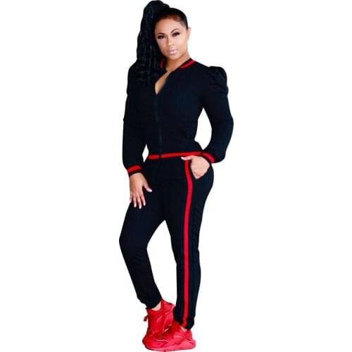 Winter Front Zipper Full Sleeve 2 Piece Playsuit Casual Women Color Block With Pockets Outfit Jumpsuit Long Pant Rompers