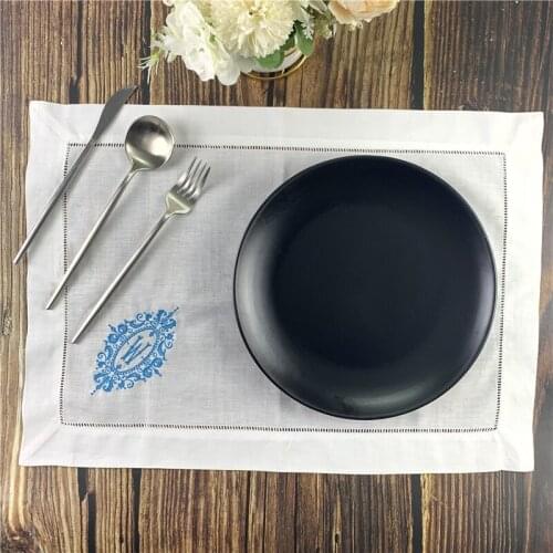 12 PCS Monogrammed Table Cloth 14"x20" white Linen Placemats/Hemstitch/embroidery Initial W for elegant lunch or dinner