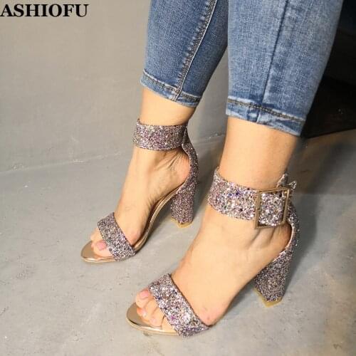 ASHIOFU Womens Chunky Heel Sandals Hotsale Glitter Leather Party Prom Summer Shoes Large Size Fashion Evening Sandals Shoes