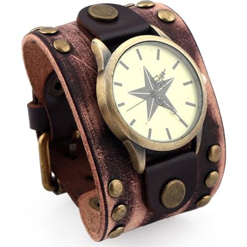 New Vintage Retro Wide Genuine Leather Strap Watch Men Fashion Star Face Wristwatches Bracelet Bangle Dress Watches Clock B022
