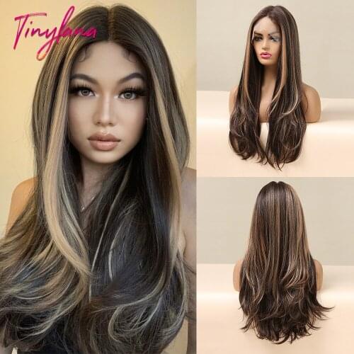TINY LANA Dark Brown Blonde Highlight Lace Synthetic Wigs Long Wavy Lace Front Wig for Black Women Cosplay Daily Heat Resistant