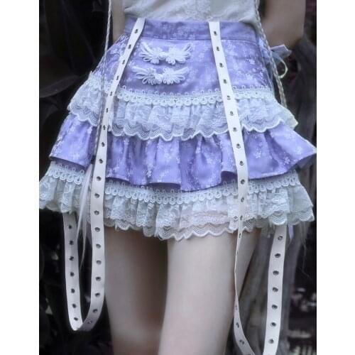 Blood Supply Original Design Dobby Lace Patch Mini Cake Skirt A-line Sashes Purple Skirt Punk Sweet Hot Girls Light Lolita Skirt