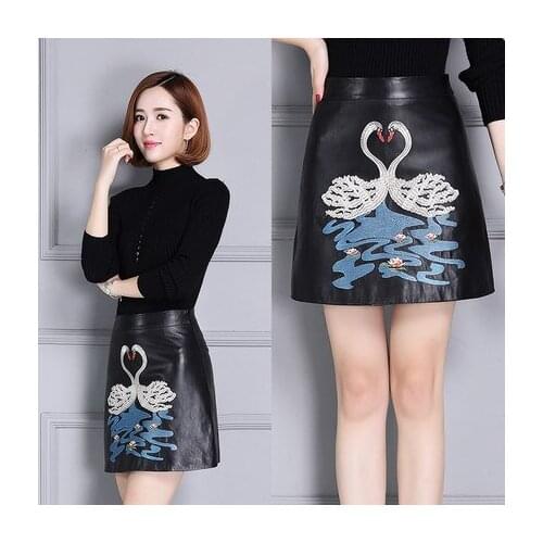 Top brand Leather Sheepskin Embroidered Skirt K102 high quality
