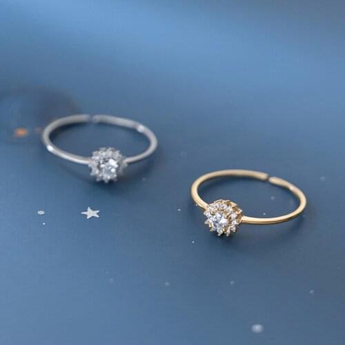 Real 925 Sterling Silver Zircon Flower Adjustable Ring For Fashion Women Party Cute Fine Jewelry Plant Accessories