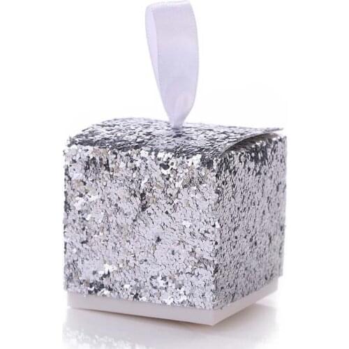 New Wedding Party Favors And Gifts Candy Box Gold Glitter Favor Boxes With Ribbon For Party 50pcs