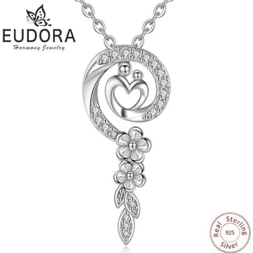 Eudora New Real 925 Sterling Silver Love Heart & Flower AAA Zircon Pendant Necklace for Women Love Fine Jewelry Elegant Pendant