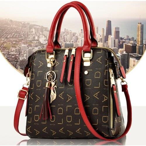 Fashion English Letter Handbag Women PU Leather Tassel Top-handle Bag Luxury Shoulder Bag Large Capacity Lady Tote Design Purse