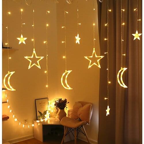 LED Star Moon Garland Light Warm and Romantic Holiday Decoration Curtain Light Fairy Lights Outdoor/Indoor Festival String Ligh