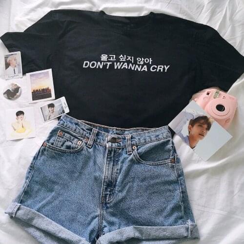 Don't Wanna Cry Letter Printed Women T Shirt Black White Combed Cotton Fashion Woman Tees japanese kawaii slogan tops girl shirt