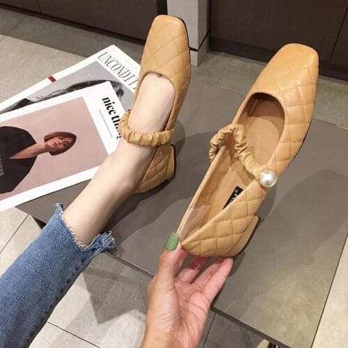 Pearl Pleated strap mary janes shoes women sneakers soft pu leather moccasins suqare toe low heels loafers sewing plaid flats