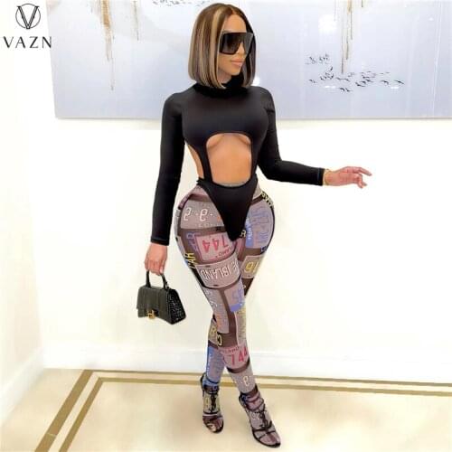 VAZN 2021 Women Fashion New Sexy Club Party Style Sets Long Sleeve Hollow Out Jumpsuits Elastic Long Pants Printed 2 Piece Sets