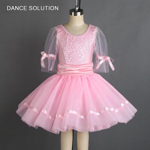 Puff short sleeves pink ballet dance tutu costume sequin bodice with romantic tutus leotard dress 20037