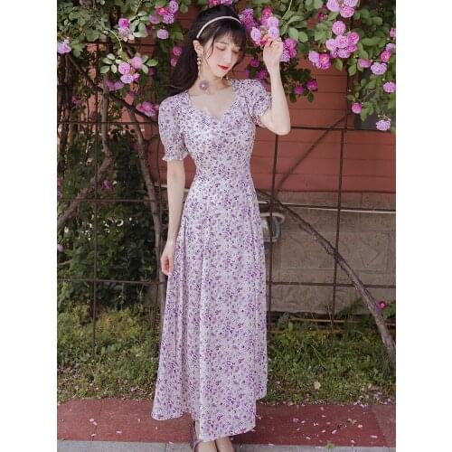Purple Gentle Floral Print Dress Summer Women Sexy V-neck Fashion 2021 New Vintage puff sleeve Slit Sandy Beach Dress