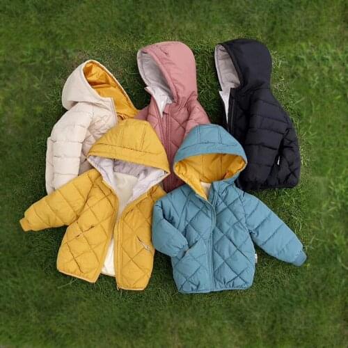 Winter Jacket For Boys Girls Korean Solid Plaid Hooded Zipper Kids Coats 2-8 Y Baby Child Warm Cotton Outwear Toddlers Clothing