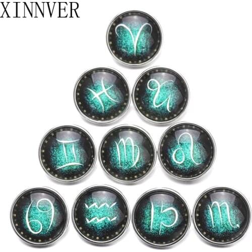 10Pcs/lot Mixed Style 12 Zodiac Pattern 18mm Glass Snap Button Jewelry Fit Snap Bracelets Xinnver Snaps Jewelry Random Mix ZB353