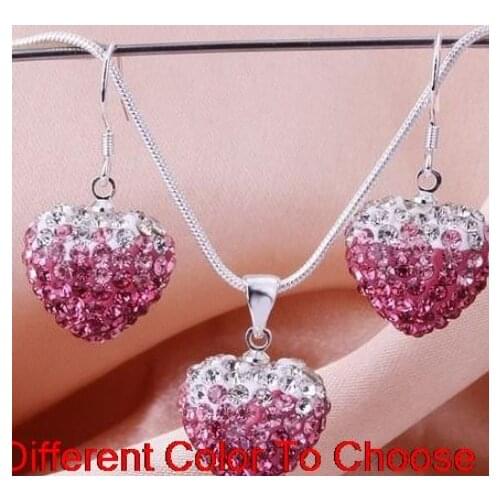 2 set/lot multicolor mixed Beads Gradient Heart set drop earrings Necklace Pendant 16 inch Snake Chains w5645