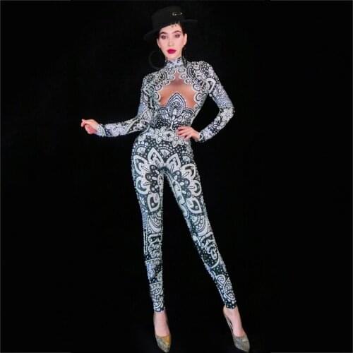 2021 Black Rhinestone Stretch Jumpsuit Stage Costume Women Gogo Dance Costumes One-Pieces Nightclub Bar Festival Outfits DN8869