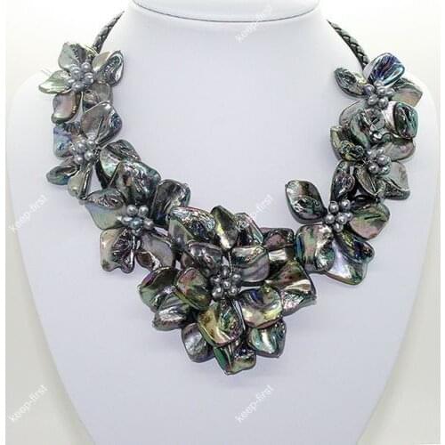 White pearl black mother of pearl shell weave flower necklace 18 fashion jewely