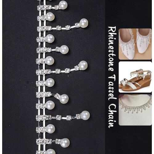 1 Yard Bridal Rhinestone Trim Pearl Pendant Trim Chain Crystal Metal Chain For Diy Headband Wedding Dress Veil Tassel Accessory