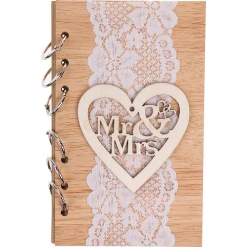 Rustic Kraft Inner Sheet Lace Wooden Cover Heart Decor Wedding Guestbook Notebook Signature Book Accessory