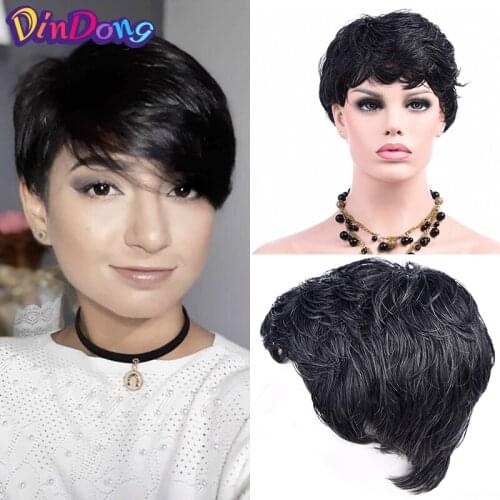 DinDong Short Synthetic Wig Pixie Cut Wigs with Natural Bangs 6 inch Little Curly Heat Resistant Hair For Women