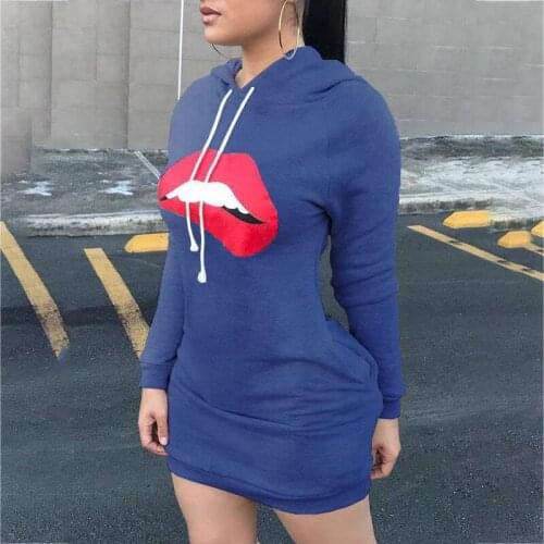 Women Slim Long Hoodie Sexy Red Lips Printed Hooded Bodycon Dress Sweatshirt Autumn Winter Casual Fashion Mini Dresses Tracksuit