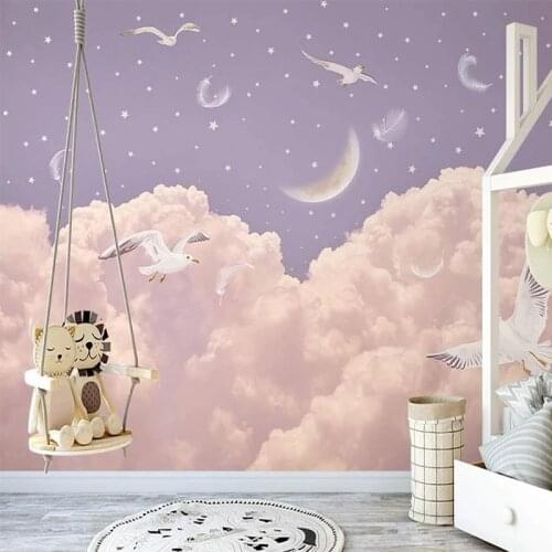 Photo Wallpaper Nordic Hand Painted Pink Clouds Feathers Starry Sky Mural 3D Romantic Childrens Room Background Wall Painting