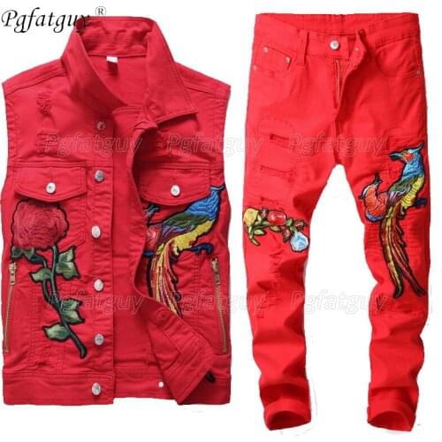 Famous Brand New Mens Red Jeans Sets Fashion Autumn Embroidery Phoenix Flower Suit Slim Vest + Pants Mens Clothing 2 Piece Sets