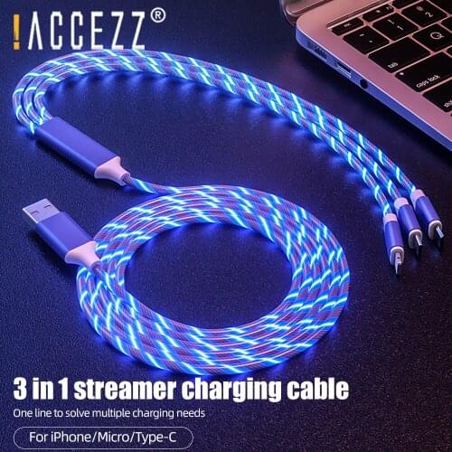!ACCEZZ 3 in 1 Micro USB Cable 2.4A Fast Charging USB C Lighting Cable For iPhone 11 XS 8 Samsung Xiaomi Flowing Light Wire Cord