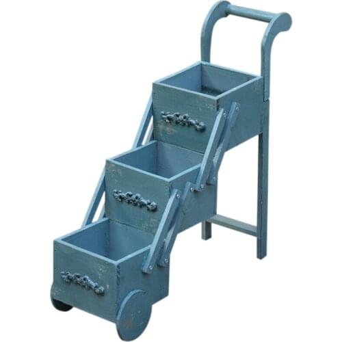 American country solid wood mini flower stand trolley balcony wooden succulent flower pot desktop storage box