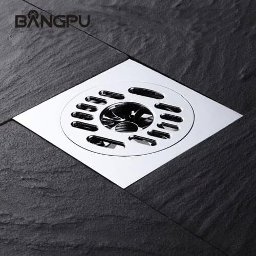 BANGPU 10x10cm Square Shower Floor Drain Solid Brass Bathroom Floor Drain with Removable Floor Shower Drain For Bathroom Chrome