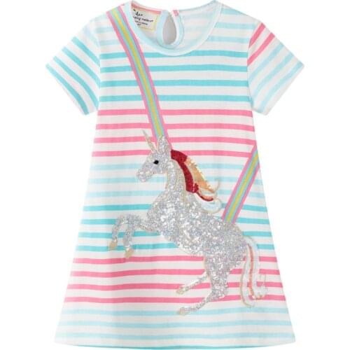 Jumping Meters Summer Children Girls Dresses Unicorn Beading Stripe Princess Tunic Fashion Design Cotton Party Dresses