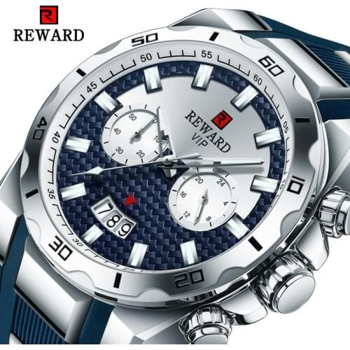 REWARD Quartz Watches Irregular Case Design Multi-functional Dial Dark Blue Silicone Band Sport Watch Hommes Quartz Montres