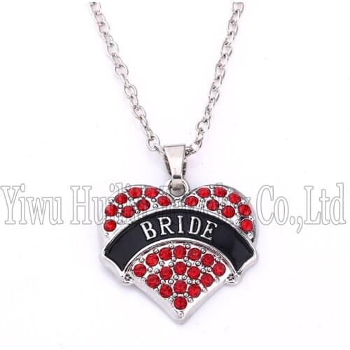 New Arrival Hot Selling rhodium plated zinc studded with sparkling crystals BRIDE heart pendant chain necklace