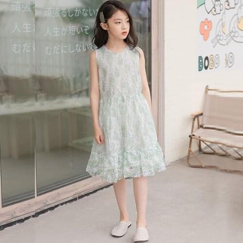 Teens Girls Dress Kids Cute Clothes 2021 New Summer Green Girl Dresses Sleeveless Patchwork Party Dress With Lining Knee Length