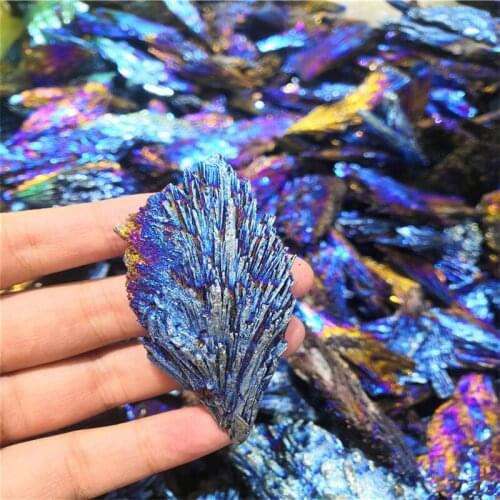 Rainbow Aura Peacock Tail Black Tourmaline Titanium Crystals Cluster Flame Feather Natural Quartz Healing Stone Home Decor