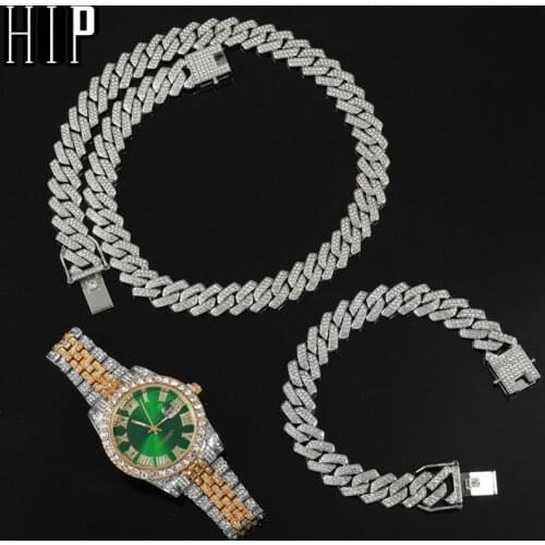 Hip Hop 13.5MM 3PCS KIT Heavy Watch+Prong Cuban Necklace+Bracelet Bling Crystal AAA+ Iced Out Rhinestones Chains For Men Jewelry