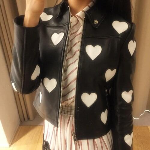 2020 Spring Autumn Women Sweet White Hearts Color Block Real Leather Jackets Genuine Leather Zipper Coat A81