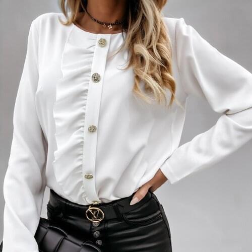 Solid Color Elegant O Neck Long Sleeve Ruffle Patchwork Button Shirt Women Temperament Office Work Wear Plus Size Blouses