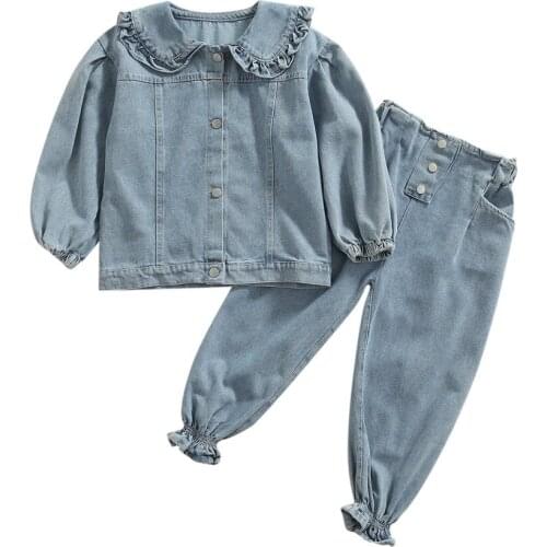 2021 1-7Y Cute Kids Baby Girl Denim Clothes Set Ruffle Lace Turn-down Neck Solid Color Long Sleeve Jacket+Button Pants Fall 2pcs